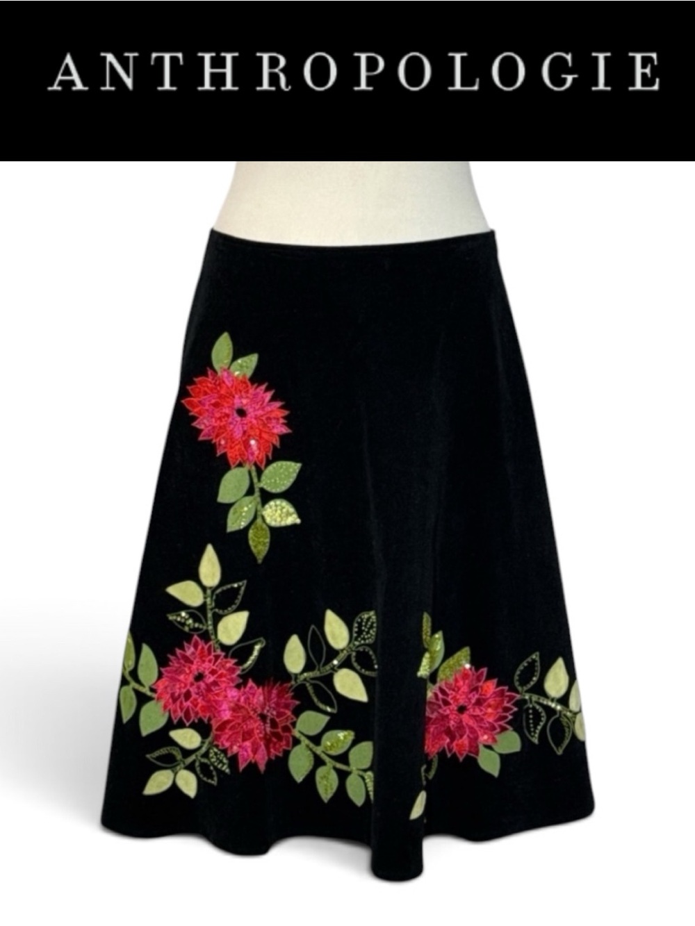 ANTHRO BASIL & MAUDE BLACK FLORAL CORDUROY A LINE SKIRT BOHO COTTAGECORE SIZE 8